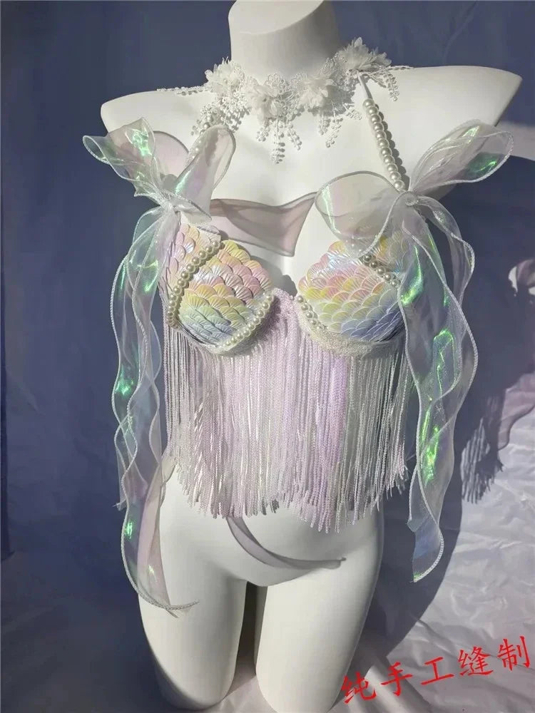 Women Bikini Top Bra Mermaid Sequin Shell Aquarium Bar Lolita Show Outfit Fishtail Leather Halloween Cosplay Costumes