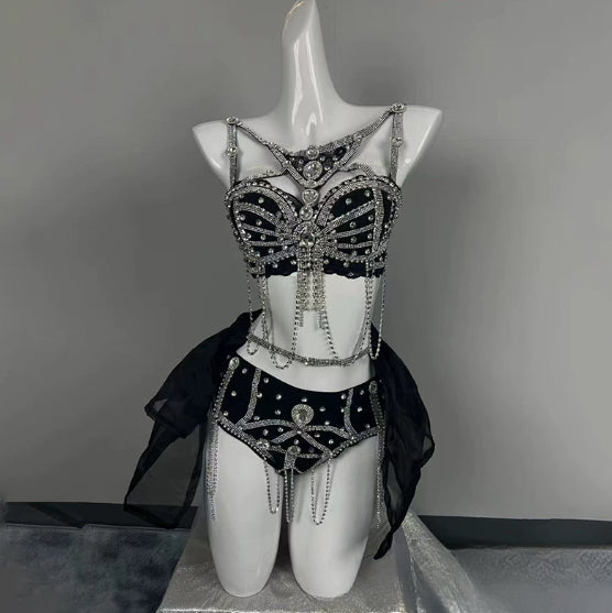 Smokey Blue Shining Chain Vacation Style Bikini Suit