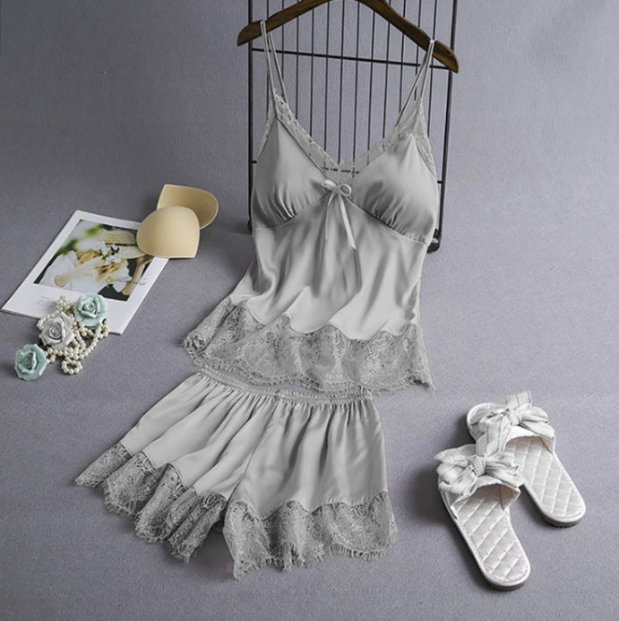 New Elastic Satin Lace Suit Nightdress With Suspenders Korean Style Suspenders