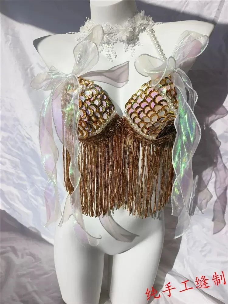 Women Bikini Top Bra Mermaid Sequin Shell Aquarium Bar Lolita Show Outfit Fishtail Leather Halloween Cosplay Costumes
