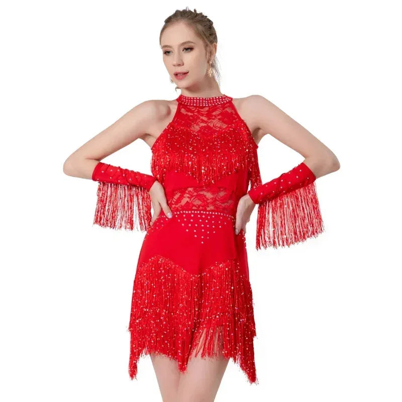 2025 Elegant Sequin Beaded Tassel Latin Dress With Sleeves For Women Sexy Lace Hollow Out Halter Sparkly Rumba -Cha Dancewear