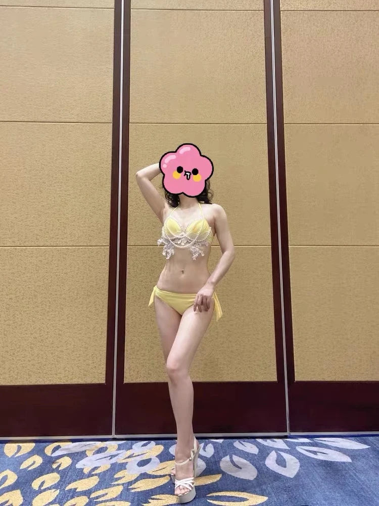 Original Design Handwork Lace Splicing Sequins Pearl Chain Mermaid Bra Beach Bikini Set Diving Photography Seaside Swimsuit