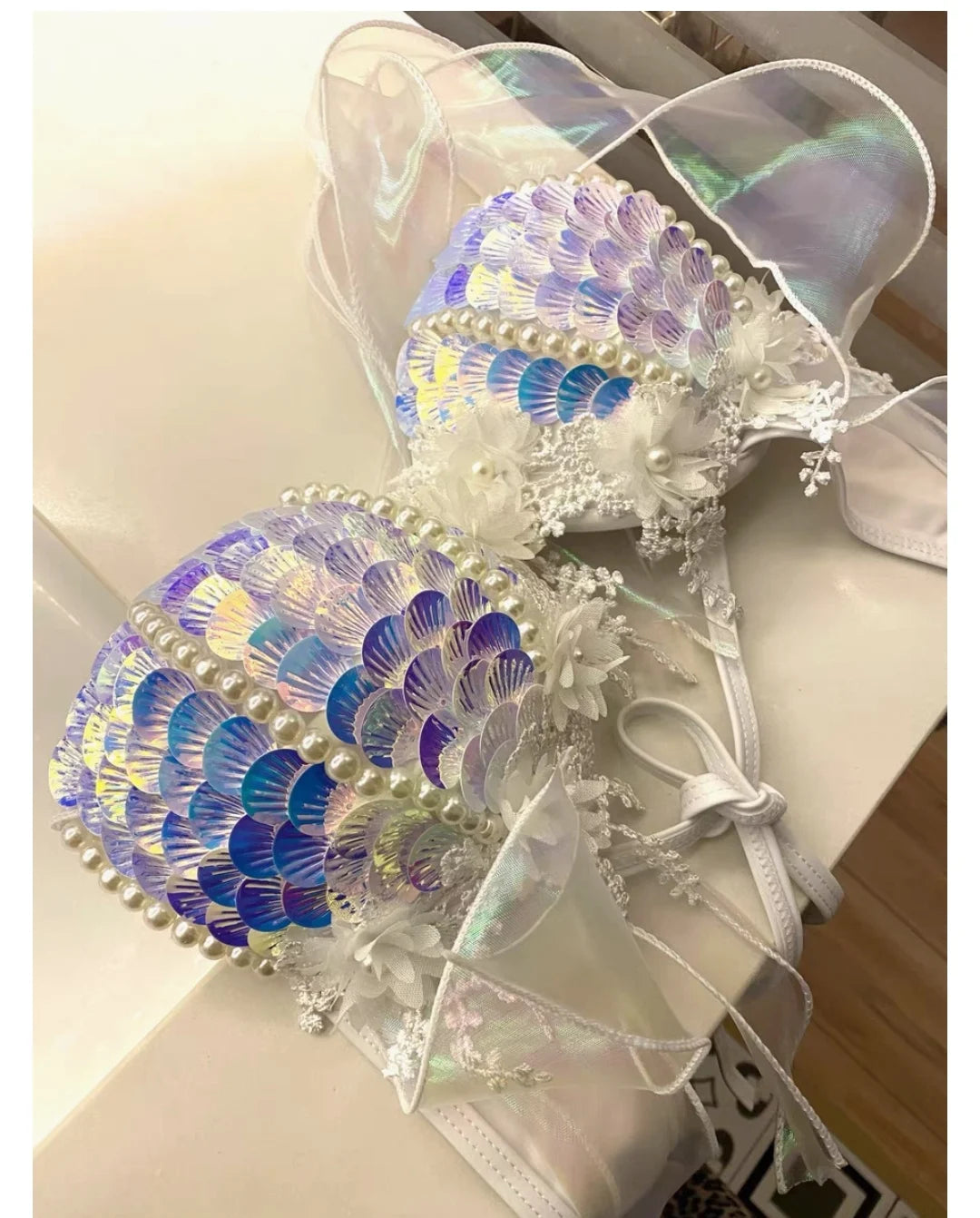 Handmade Mermaid Sequins Seashell Bikini Top Bra Oceanarium Bar Table Performance Costume Fishtail Leather