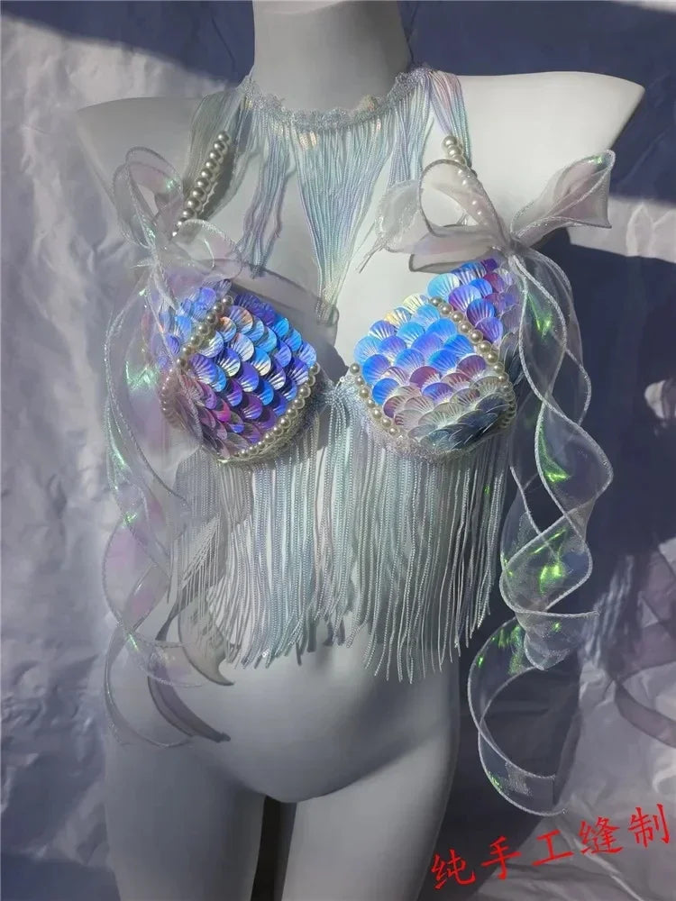 Women Bikini Top Bra Mermaid Sequin Shell Aquarium Bar Lolita Show Outfit Fishtail Leather Halloween Cosplay Costumes