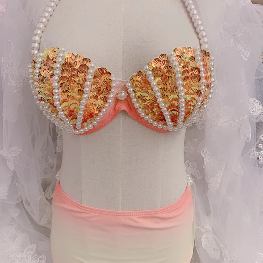 RM Mermaid Sequin Corset Bikini Swimsuit Free Diving Performance Oceanarium Electro Festival Bra Bar Cos Costumes