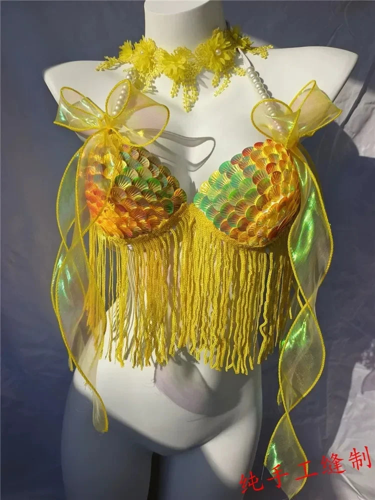 Women Bikini Top Bra Mermaid Sequin Shell Aquarium Bar Lolita Show Outfit Fishtail Leather Halloween Cosplay Costumes