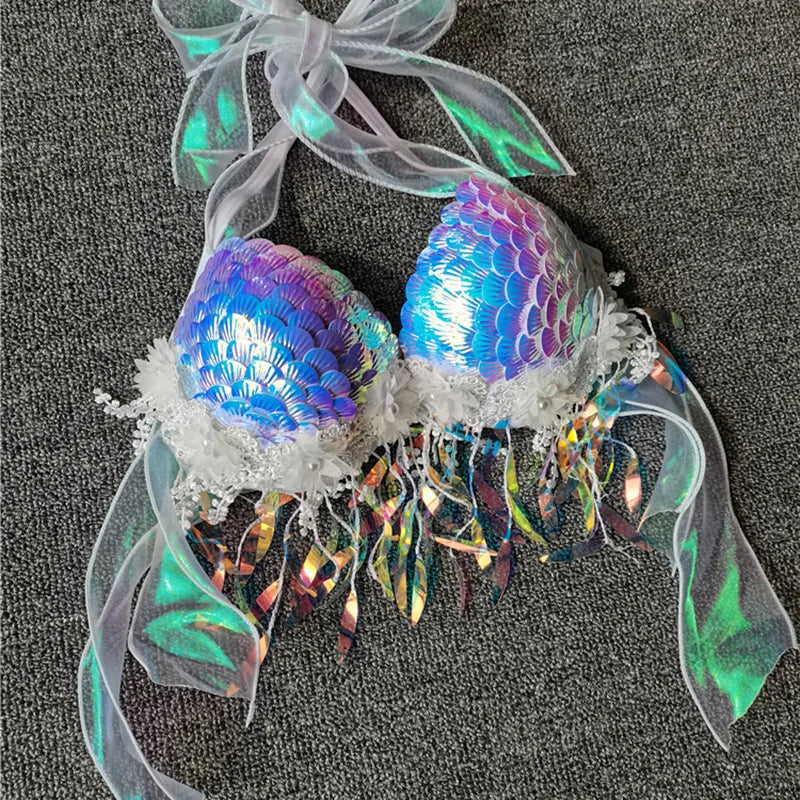 Mermaid Sequins Seashell Bikini Top Bra Oceanarium Bar Table Performance Clothes Electric Festival Fishtail Leather