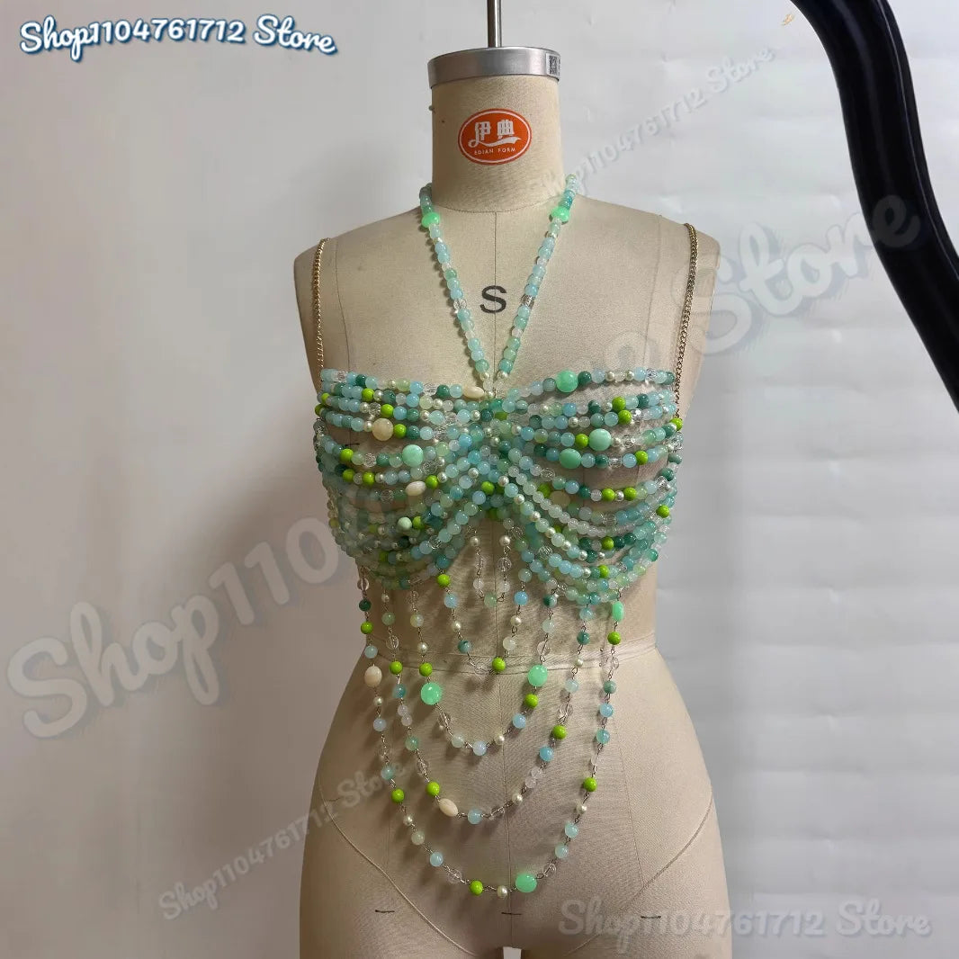 2025 New Women's Necklace Beaded Vest Hollow Out Top Jewelry Exaggerated Pearls Neck Bra Fashion Bra Women's Club Carnival