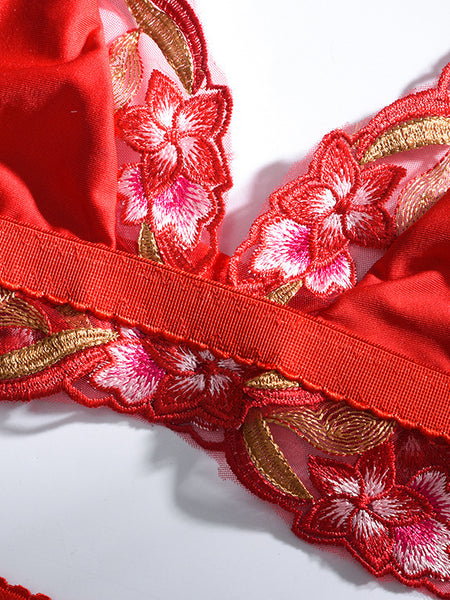 Ladies' Mesh Lace Embroidery Red Sexy Lingerie