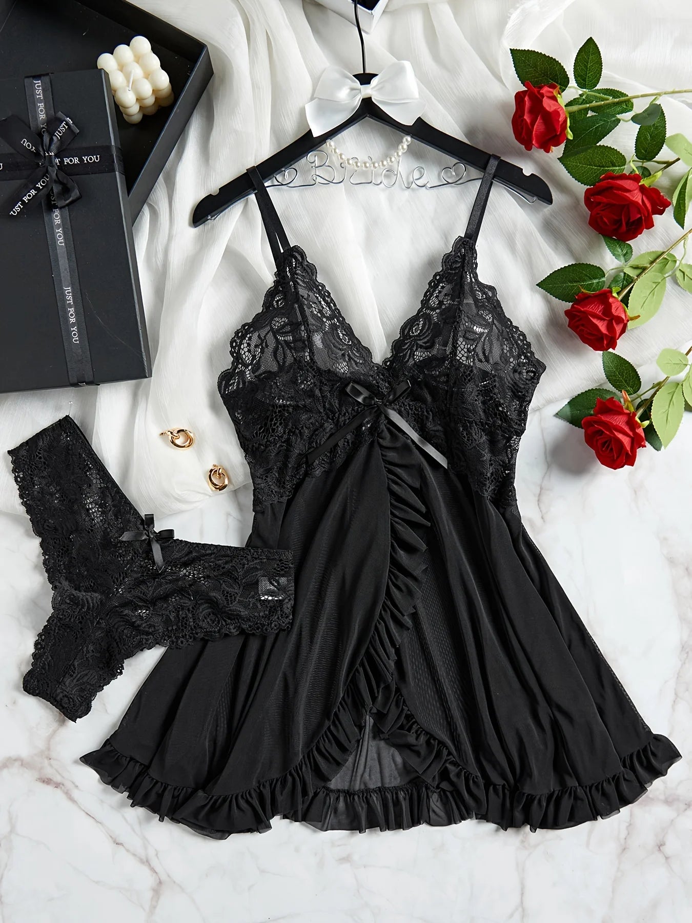 Women Lace Lingerie Set Transparent Babydoll Nightdress with Panty Sexy Lace Sleepwear Nightwear Pajamas Set for Women