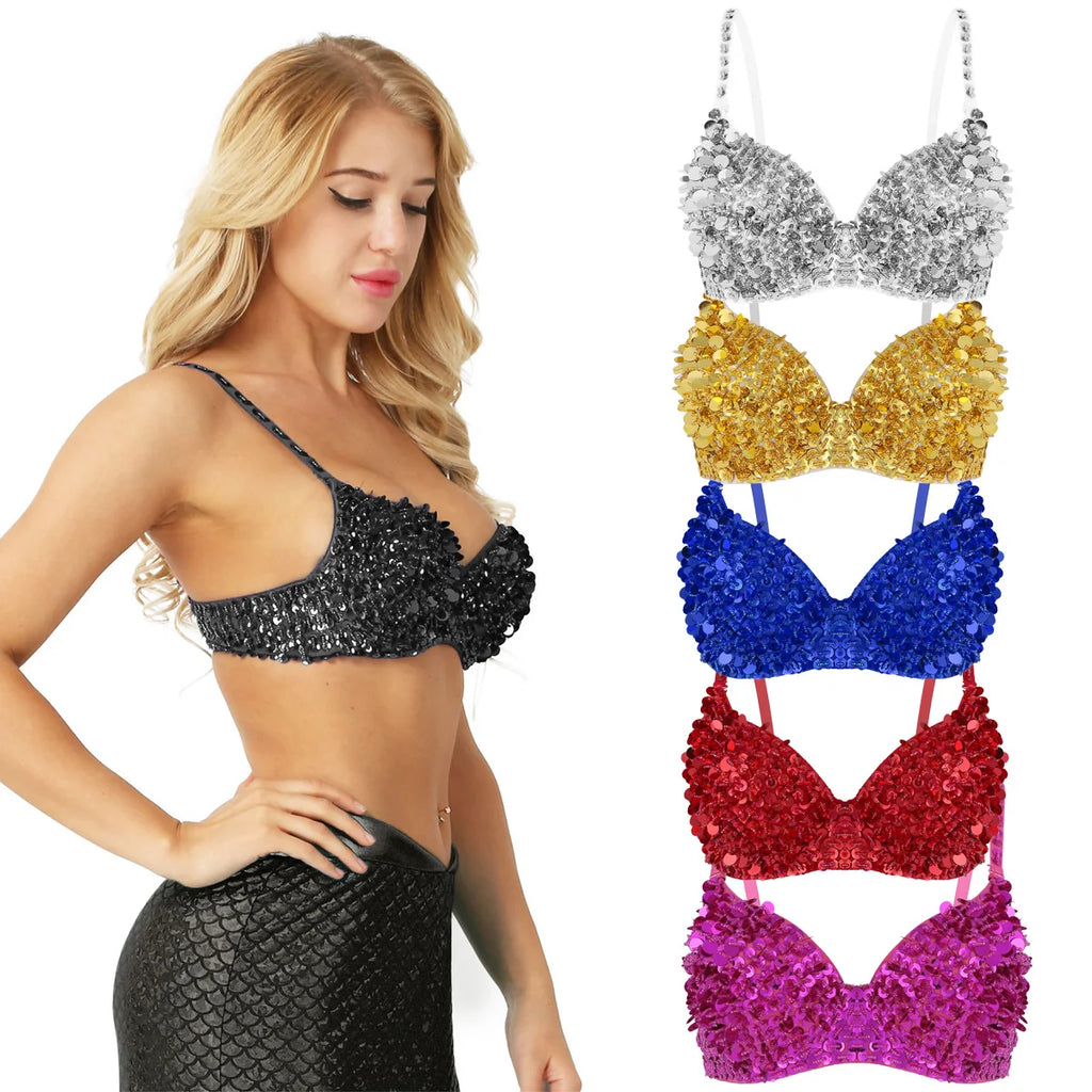Sexy Womens Belly Dance Bustier Bra Carnival Pole Dancing Costume Rave Party Clubwear Glittery Sequins Beading Padded Bra Top