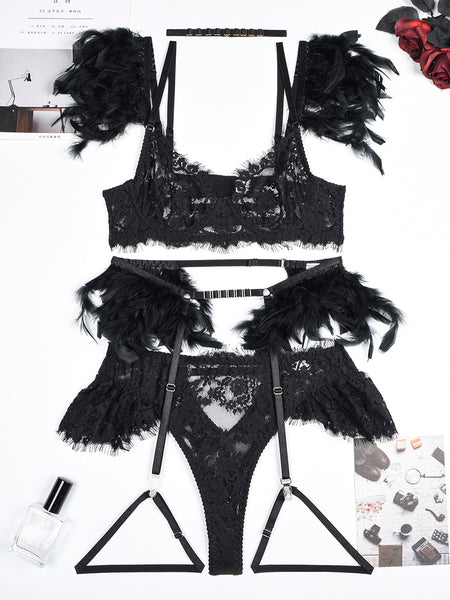 Feather Sexy Lingerie Lace Women Underwear Bra Panty