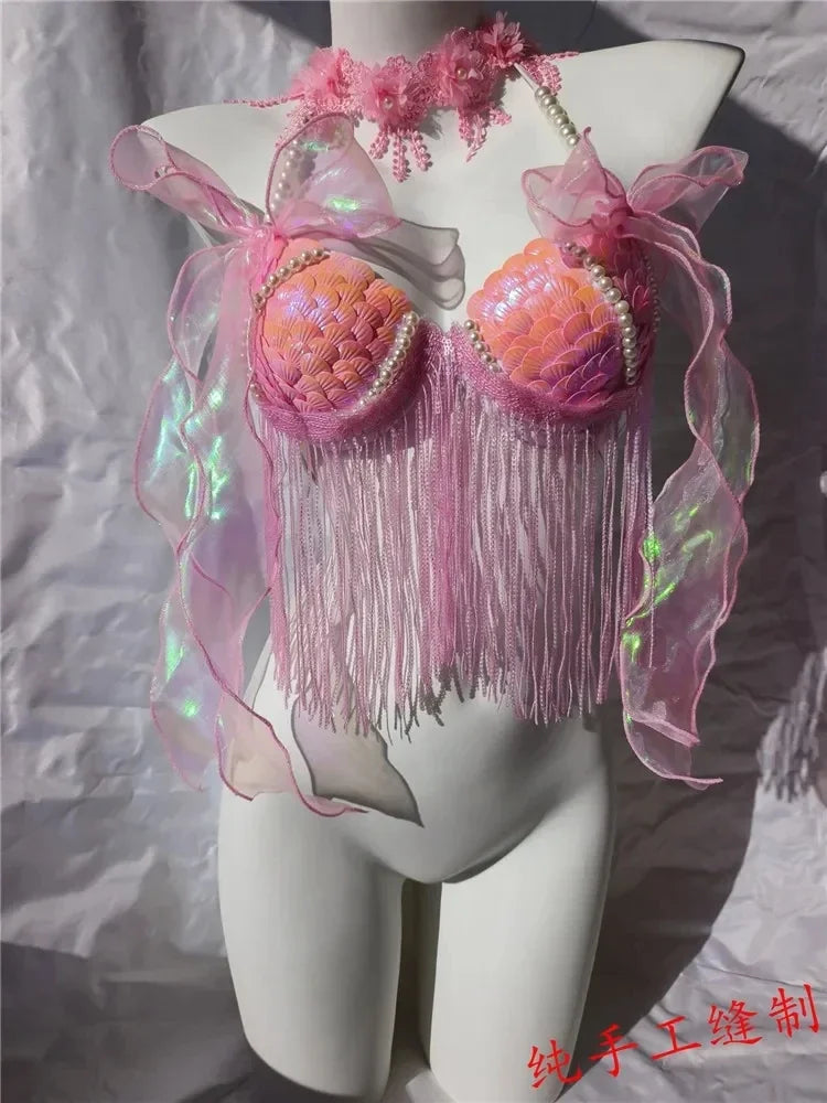 Women Bikini Top Bra Mermaid Sequin Shell Aquarium Bar Lolita Show Outfit Fishtail Leather Halloween Cosplay Costumes