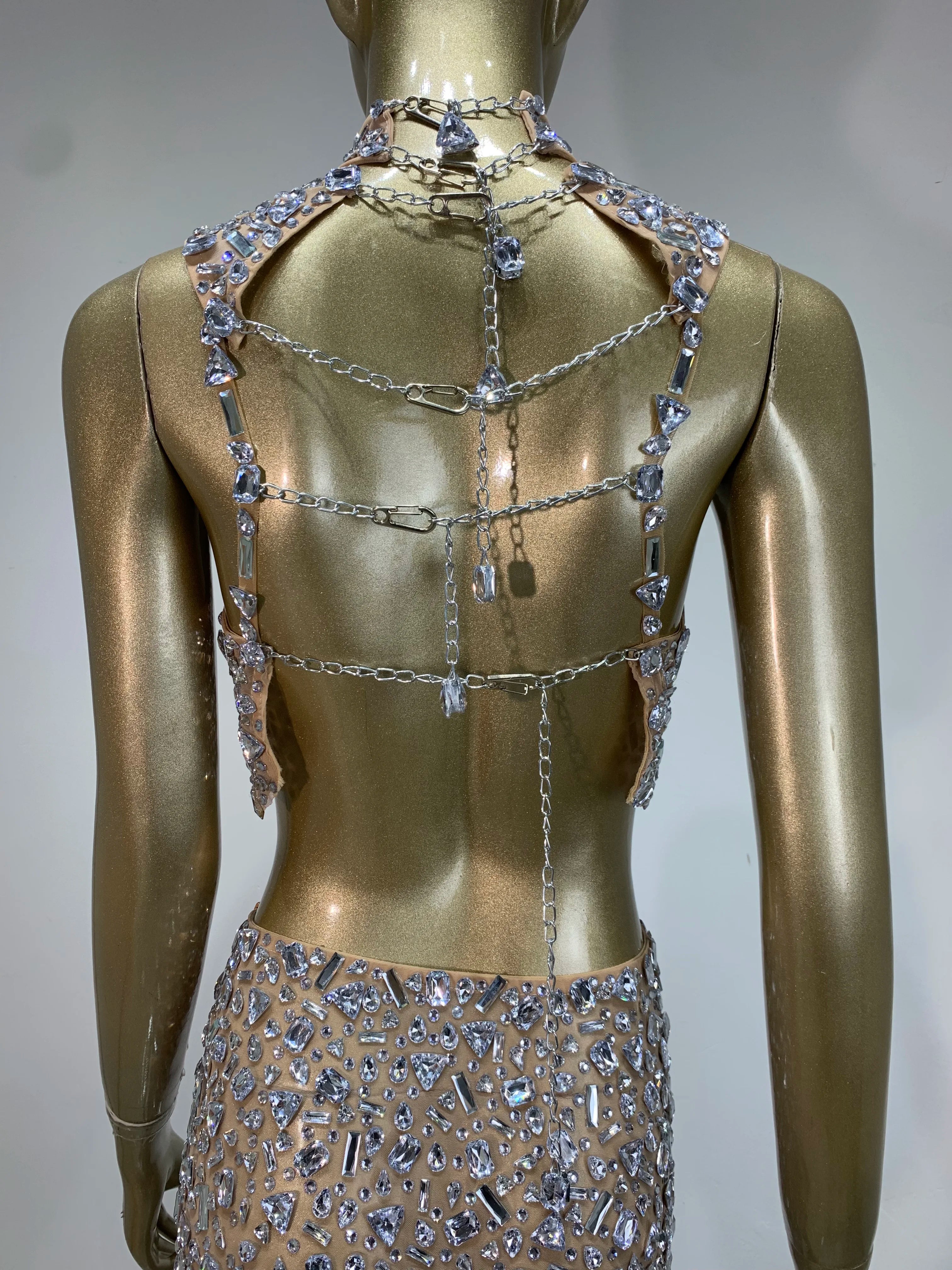 Women Sexy Two Pieces Set Sparkly Crystal Diamond Nightclub Skirt Suits Singer Dancer Mesh See Through Stage Performance Costume