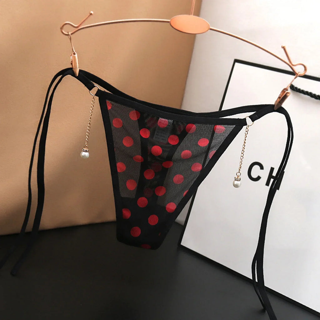 2025 New Sexy Polka Dot Trongs Lace-Up G String Women Low Waist T Pants Tanga Mesh Transparent T-Back Panties