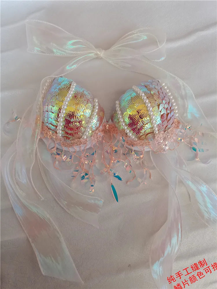 Handmade Mermaid Sequins Seashell Bikini Top Bra Oceanarium Bar Table Performance Costume Fishtail Leather