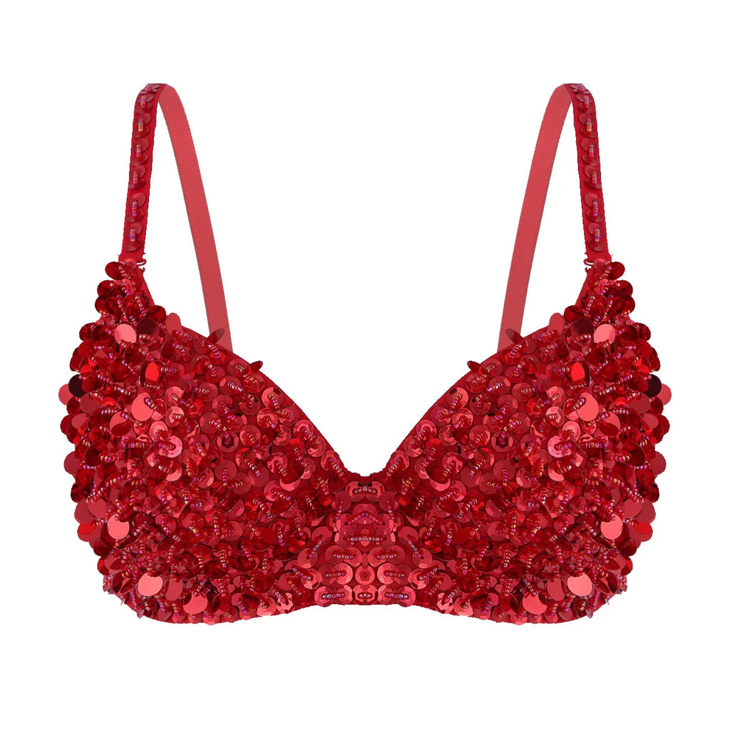 Sexy Womens Belly Dance Bustier Bra Carnival Pole Dancing Costume Rave Party Clubwear Glittery Sequins Beading Padded Bra Top