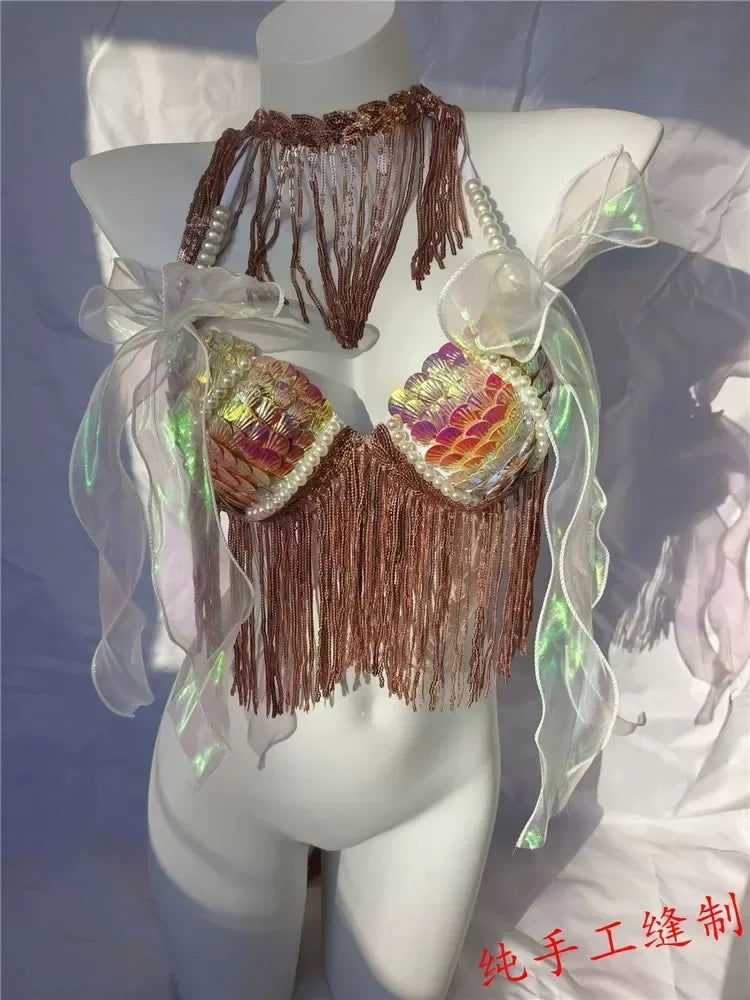 Women Bikini Top Bra Mermaid Sequin Shell Aquarium Bar Lolita Show Outfit Fishtail Leather Halloween Cosplay Costumes