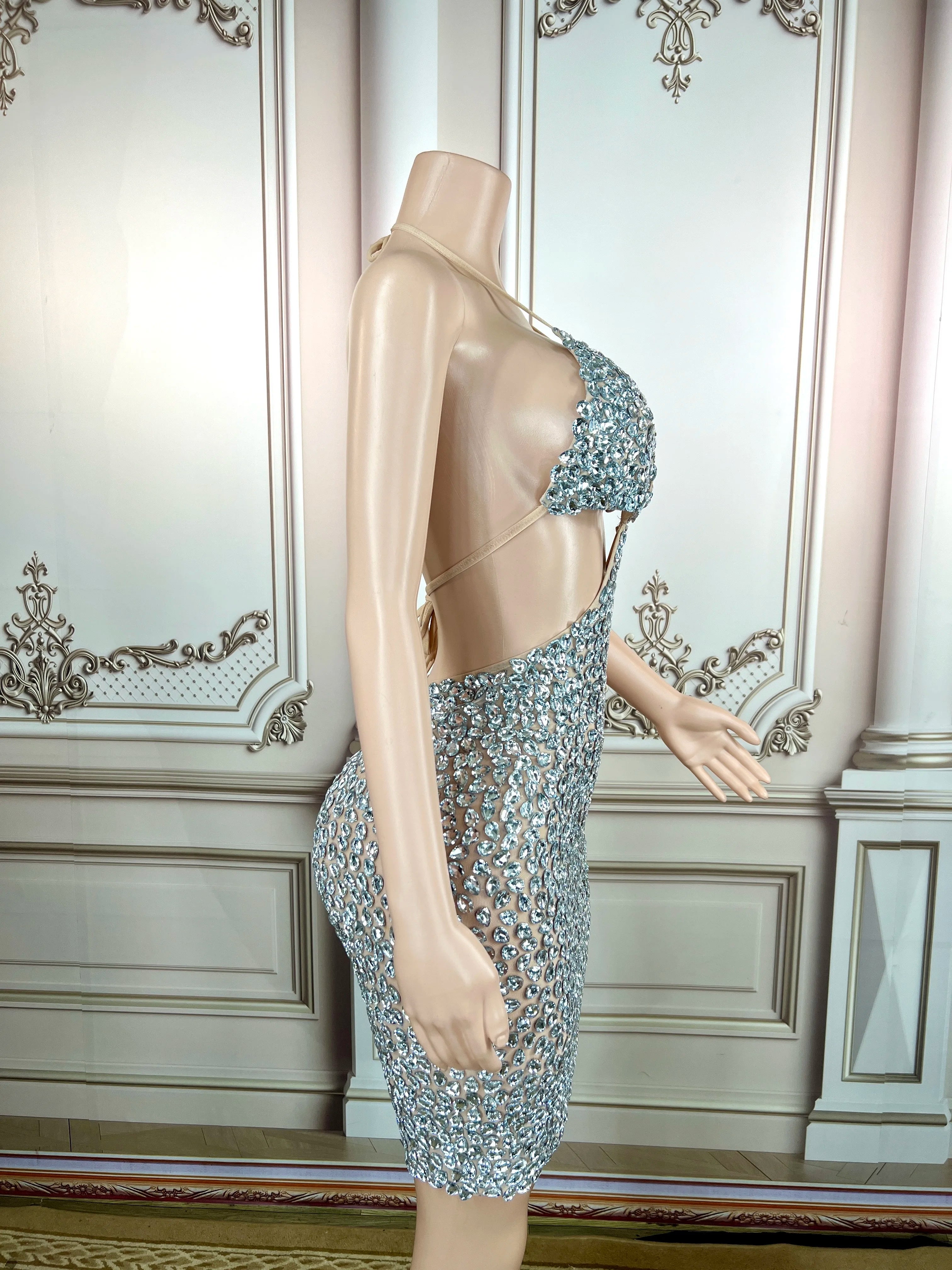 Full Silver Big Rhinestones Bright Bra MINI Dress Birthday Celebrate Sexy Performance Outfit Female Singer Stage Wear Plus Size