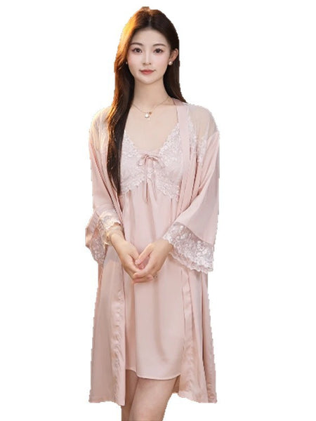 Sexy Nightdress Lace Bow Robe Hanging Two-piece Set