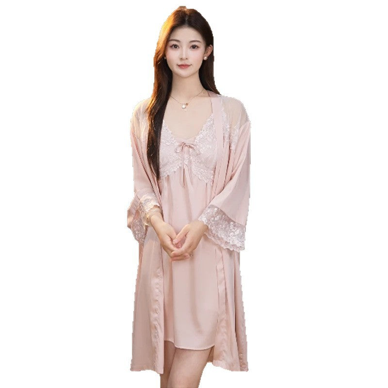 Sexy Nightdress Lace Bow Robe Hanging Two-piece Set