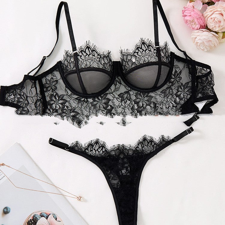 Black Mesh Bra Anti-sagging Lace Sexy Lingerie Set Women
