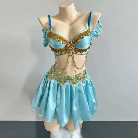 Smokey Blue Shining Chain Vacation Style Bikini Suit