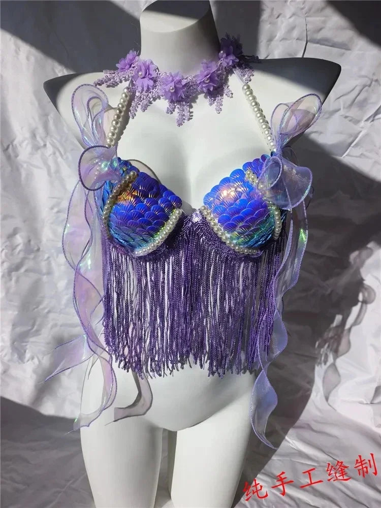 Women Bikini Top Bra Mermaid Sequin Shell Aquarium Bar Lolita Show Outfit Fishtail Leather Halloween Cosplay Costumes
