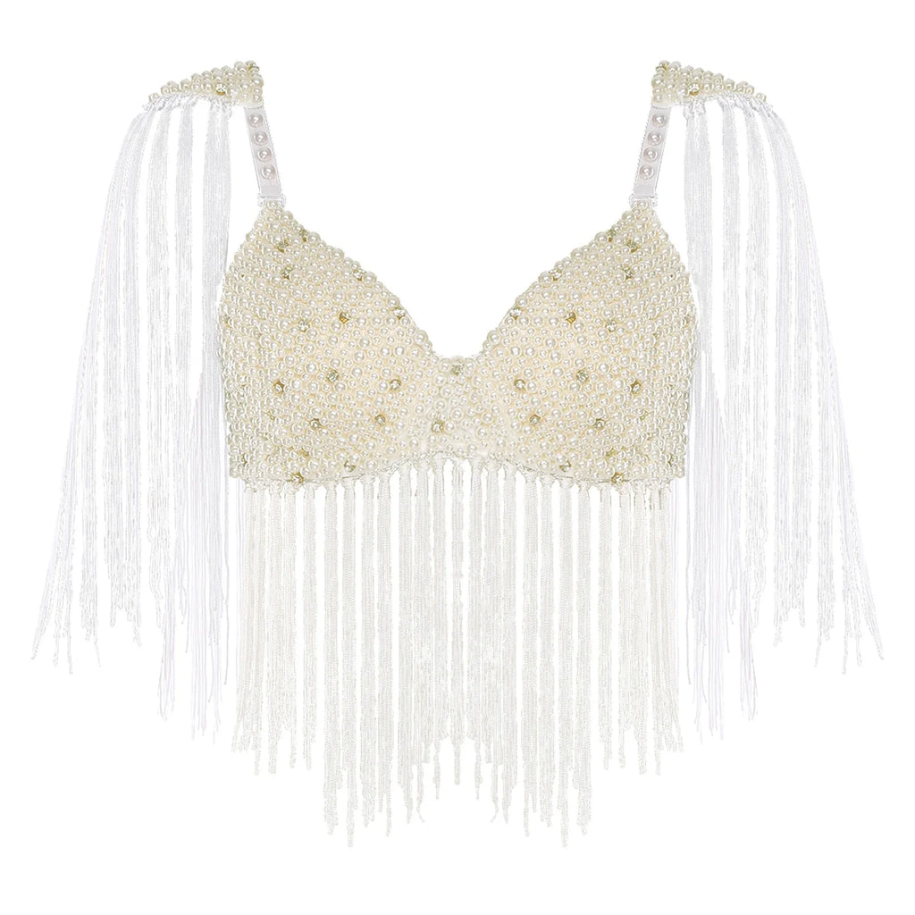 Women Belly Dance Fringe Bra Allover Plastic Beads Tassel Trim Push-up Bra Top with Shoulder Boards for Latin Indian Dance Party