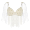 Women Belly Dance Fringe Bra Allover Plastic Beads Tassel Trim Push-up Bra Top with Shoulder Boards for Latin Indian Dance Party