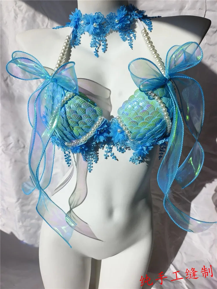 RM Handmade Mermaid Sequin Shell Bikini Top Bra Oceanarium Bar Table Performance Costume Fishtail Leather