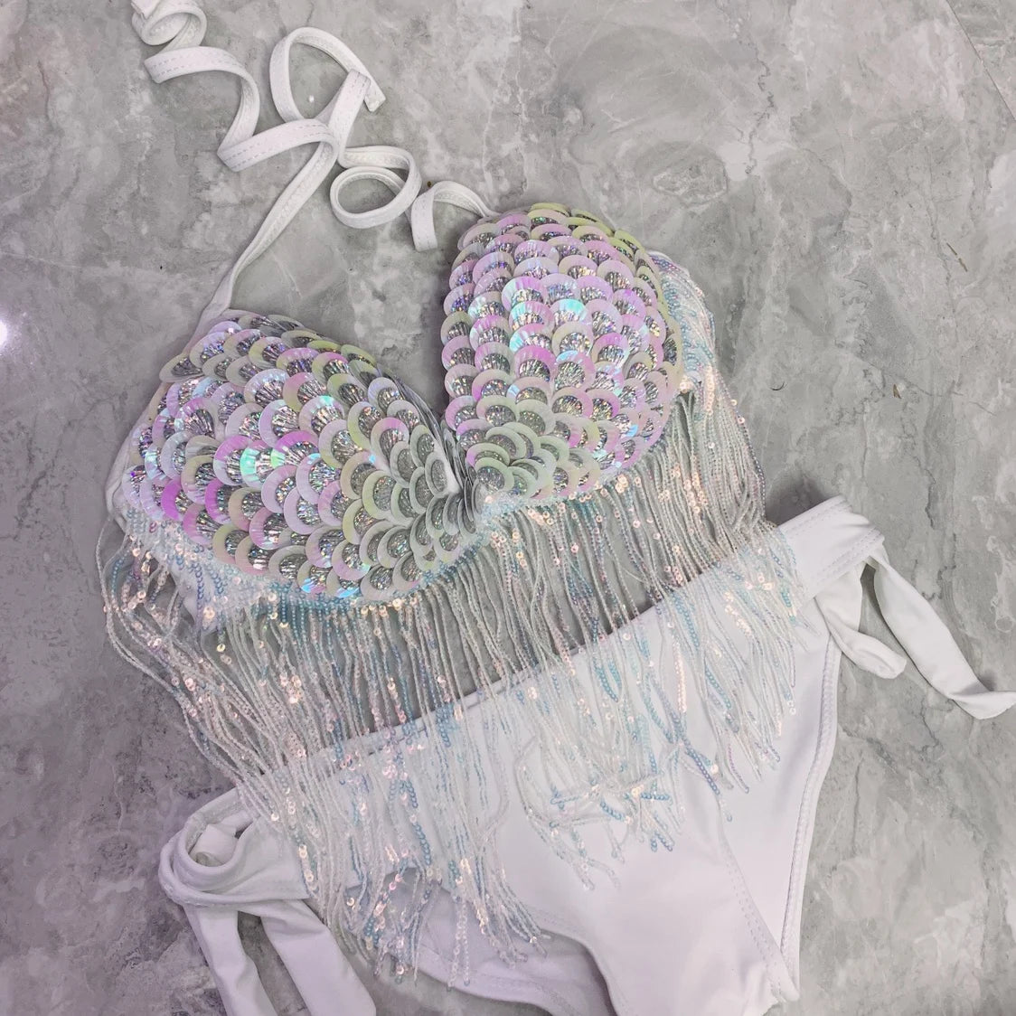 RM Original Mermaid Shell Handmade Sewing Sexy Bikini Peacock Swimsuit Oceanarium Shooting Vacation Sequin Bra