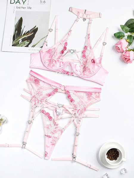 Love Drill Buckle Sexy Cutout Embroidered Sexy Lingerie Suit