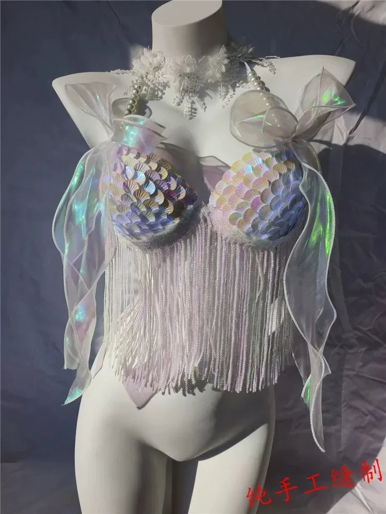 Women Bikini Top Bra Mermaid Sequin Shell Aquarium Bar Lolita Show Outfit Fishtail Leather Halloween Cosplay Costumes