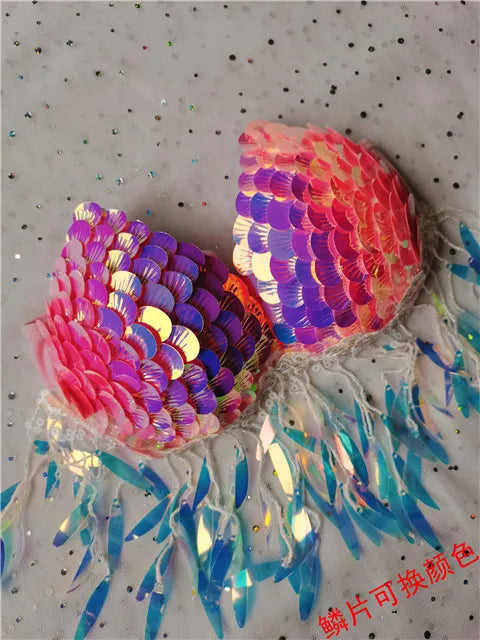 Handmade Mermaid Sequins Seashell Bikini Top Bra Oceanarium Bar Table Performance Costume Fishtail Leather