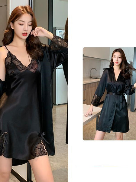 Ice Silk Thin Lace Suspender Nightdress Nightgown Two-piece Suit