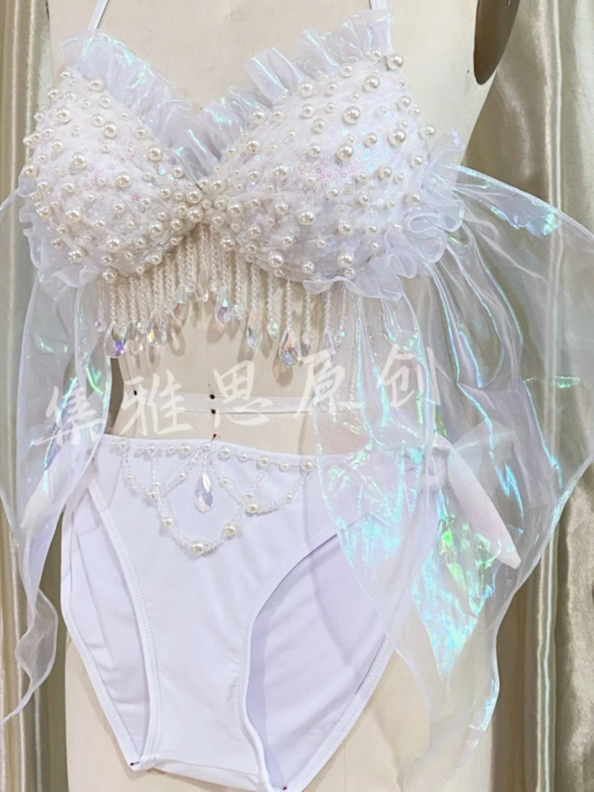 Original Design Handwork Mermaid Swimsuit Beads Tassel Pearl Bikini Set Dream Free Diving Brassiere Performing Cos Bra Swimwear