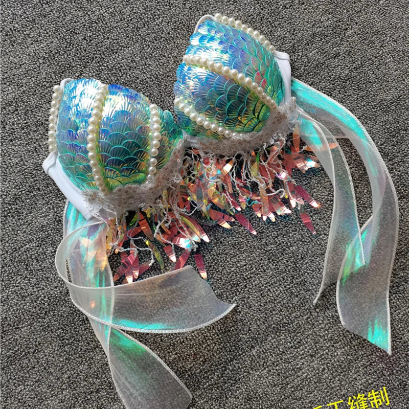 Mermaid Sequins Seashell Bikini Top Bra Oceanarium Bar Table Performance Clothes Electric Festival Fishtail Leather