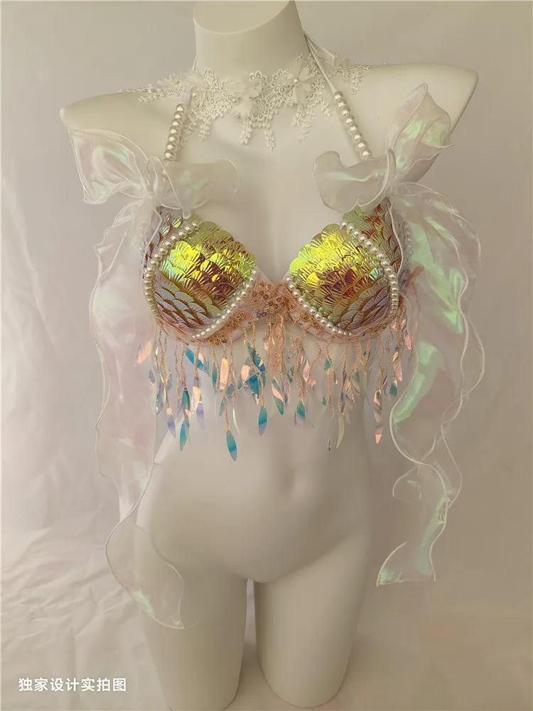 RM Handmade Mermaid Sequin Shell Bikini Top Bra Oceanarium Bar Table Performance Costume Fishtail Leather