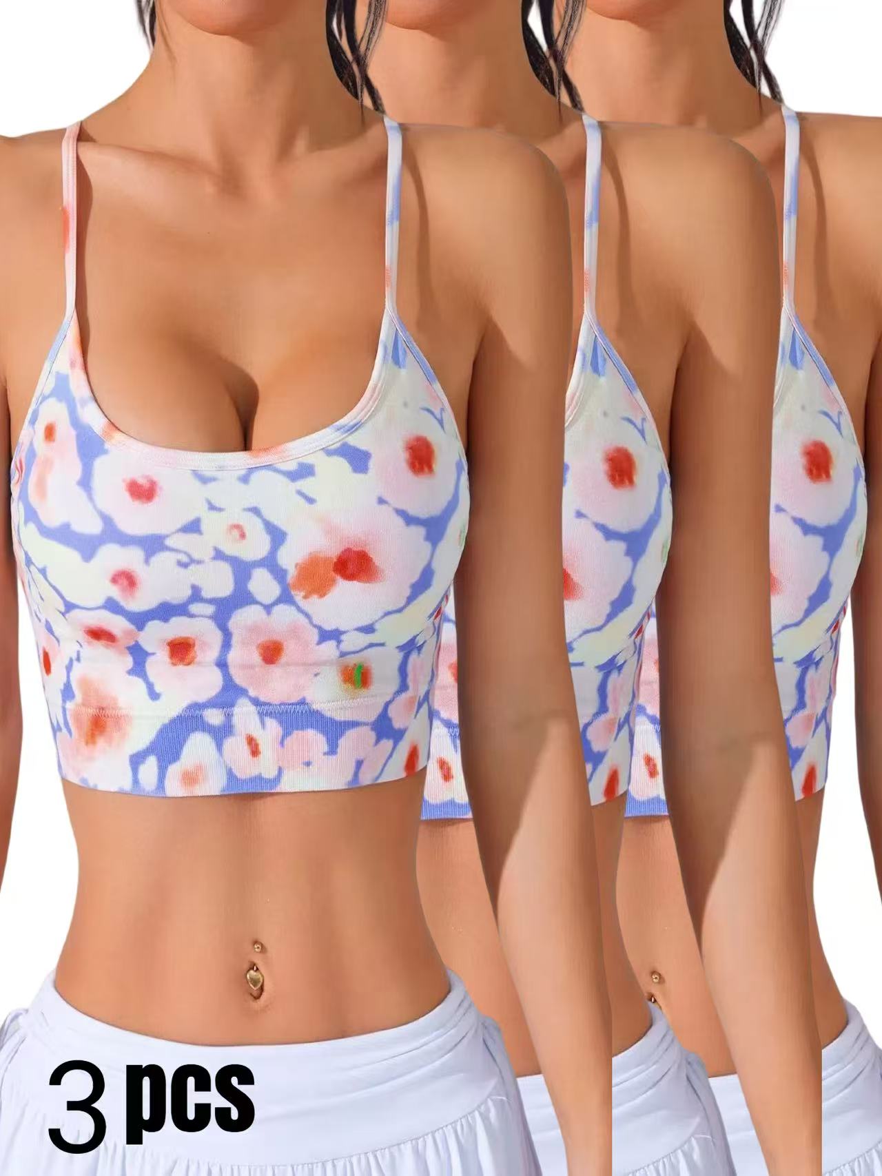 3 Pack Women's Spring & Summer New Cross Thin-Strap Floral Print Daily Sports Bra