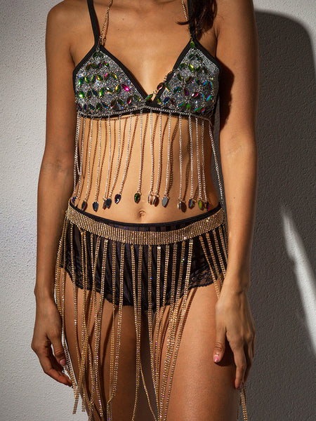 Crystal fringed metal bra