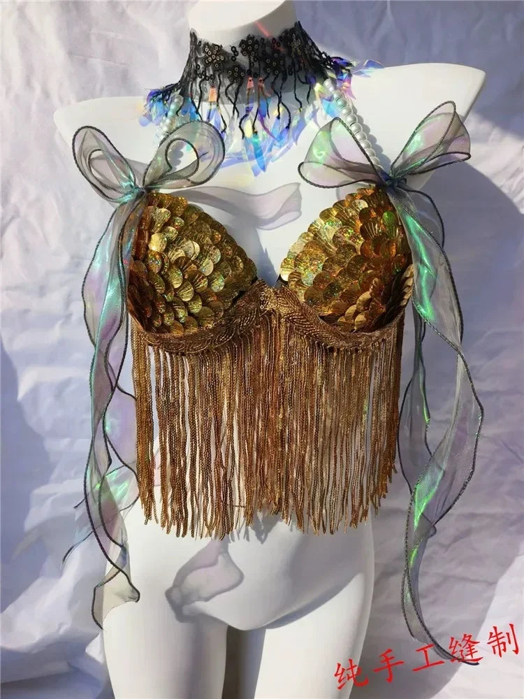 Women Bikini Top Bra Mermaid Sequin Shell Aquarium Bar Lolita Show Outfit Fishtail Leather Halloween Cosplay Costumes