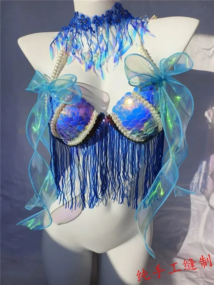 Women Bikini Top Bra Mermaid Sequin Shell Aquarium Bar Lolita Show Outfit Fishtail Leather Halloween Cosplay Costumes