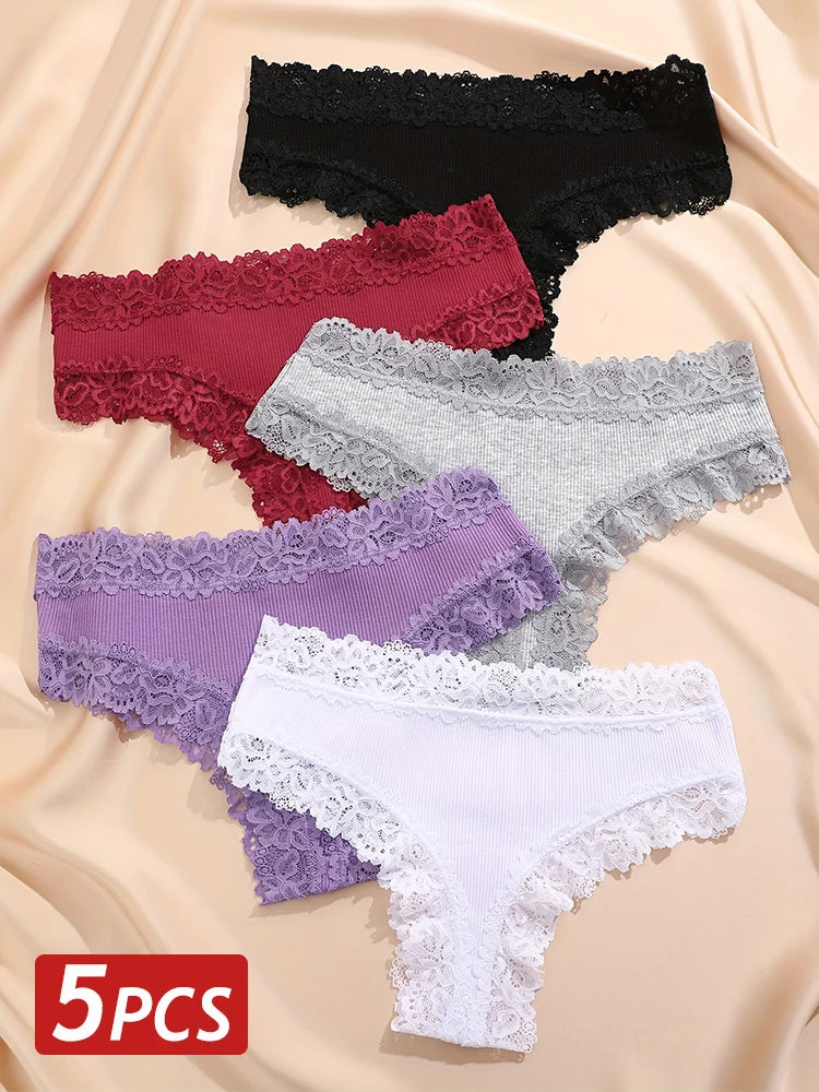 3/5PCS Lace Seamless Cotton Panties Ribbed Brazilian Pants Low Waist Women Panties Breathable Girls Underwear Plus Size Lingerie