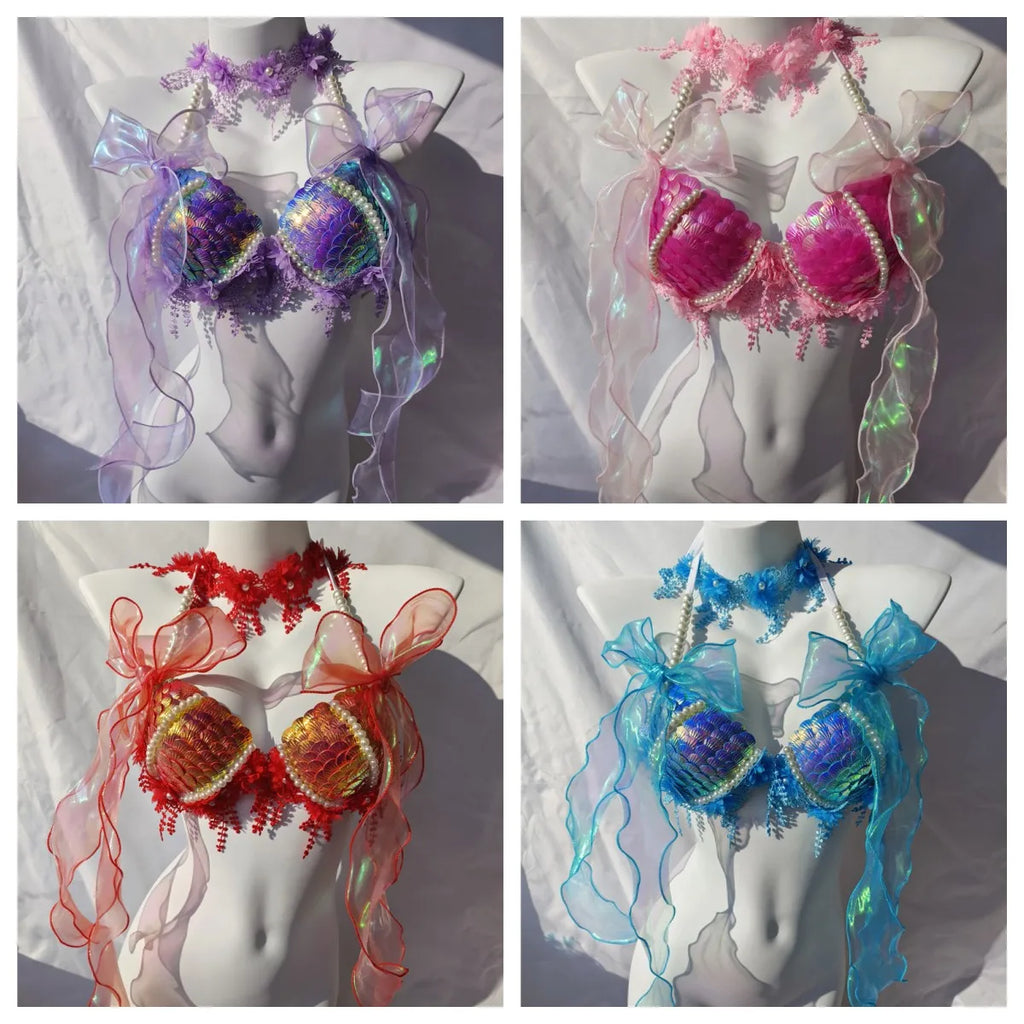 RM Handmade Mermaid Sequin Shell Bikini Top Bra Oceanarium Bar Table Performance Costume Fishtail Leather
