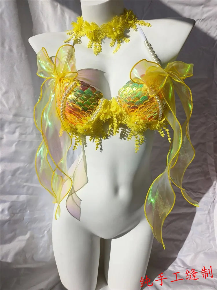 RM Handmade Mermaid Sequin Shell Bikini Top Bra Oceanarium Bar Table Performance Costume Fishtail Leather