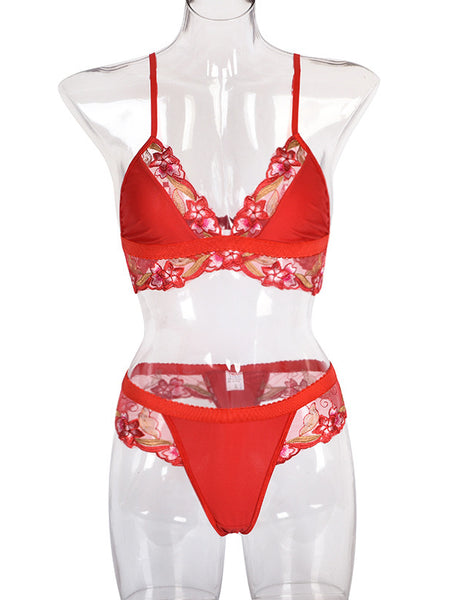 Ladies' Mesh Lace Embroidery Red Sexy Lingerie