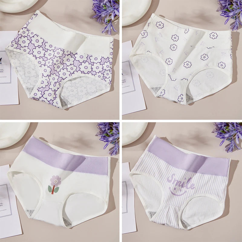 4Pcs/Set Cotton Panties Women High Waist Slimming Underwear Cute Print Young Girls Briefs Plus Size M-4XL Soft Female Lingerie