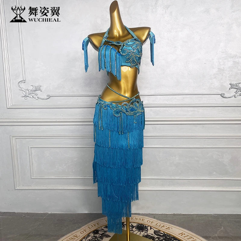 Customized Belly Dance Suit for Women Practice Outfit Oriental Dance Costume Lake Blue Tassels Bra Skirt Latin Performance Dress