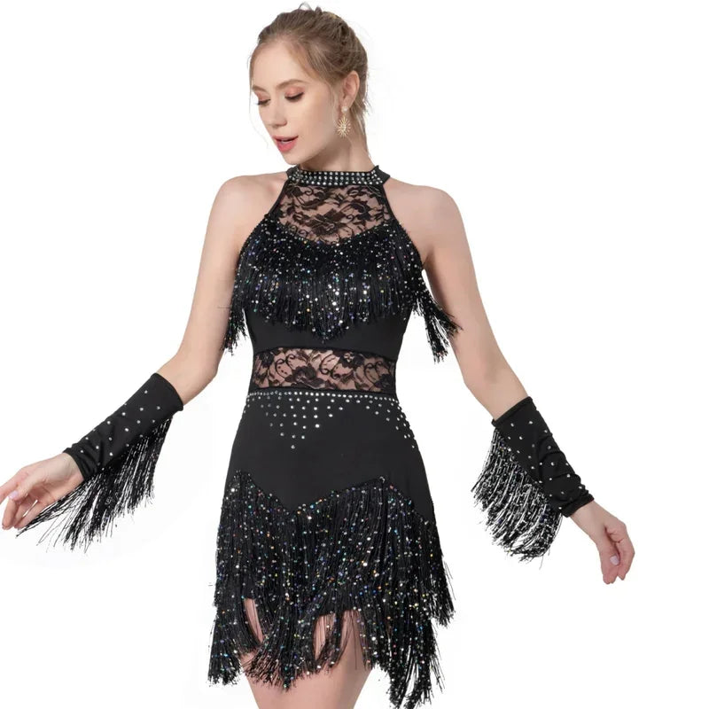 2025 Elegant Sequin Beaded Tassel Latin Dress With Sleeves For Women Sexy Lace Hollow Out Halter Sparkly Rumba -Cha Dancewear